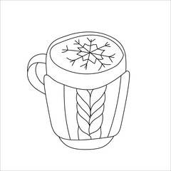 Winter Cozy mood concept. line art silhouette a cup of coffee with snowflakes on the foam. For your creative design. Outline abstraction. Modern Hand drawn vector illustration isolated on white