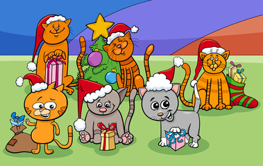 Obraz na płótnie Canvas cartoon cats characters group on Christmas time