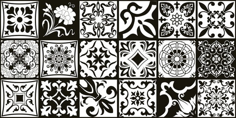 Set of 18 tiles Azulejos in black, white. Original traditional Portuguese and Spain decor. Seamless patchwork tile with Victorian motives. Ceramic tile in talavera style. Gaudi mosaic. Vector