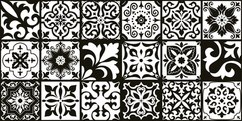 Set of 18 tiles Azulejos in black, white. Original traditional Portuguese and Spain decor. Seamless patchwork tile with Victorian motives. Ceramic tile in talavera style. Gaudi mosaic. Vector - 385692420