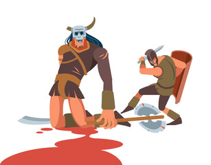 Gladiators fight. The hero defeats the giant in the arena. White isolated background. Vector flat style