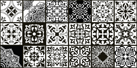 Set of 18 tiles Azulejos in black, white. Original traditional Portuguese and Spain decor. Seamless patchwork tile with Victorian motives. Ceramic tile in talavera style. Gaudi mosaic. Vector - obrazy, fototapety, plakaty