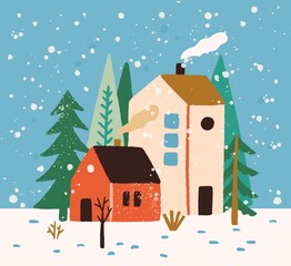 Fototapeta na wymiar Hand drawn winter landscape with houses, trees and snowflakes vector flat illustration. Colorful rustic buildings exterior surrounded by snow and forest. Seasonal countryside scenery, wintertime mood