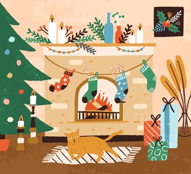Hand drawn cozy interior with Christmas tree and cat lying near fireplace vector flat illustration. Xmas decorations at hygge home. Cozy holiday room with kitten, socks, gift boxes and candles