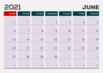 June 2021. Calendar planner design template. Week starts on Sunday