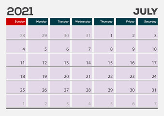 July 2021. Calendar planner design template. Week starts on Sunday