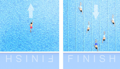 Swimmer Leadership  Business Concept Ideas Creative and Top view on blue background.futuristic Art - 3d rendering