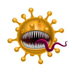 Yellow Corona Virus Monster in Cartoon Style. A Tentacled Monster COVID-19 is a Dangerous Virus. The Character is an Evil Microbe of Yellow Color with White Teeth and Tongue