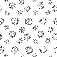 Seamless pattern of molecules, cells of virus, bacteria. Pandemic, epidemic covid-19. Concept of quarantine coronavirus, vaccination. Vector hand drawn background in outline doodle style isolated