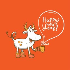 Vector card with a cute bull. A cheerful calf is drinking tea from  mug. Funny animal symbol of the Chinese New Year. Contour colorful image.