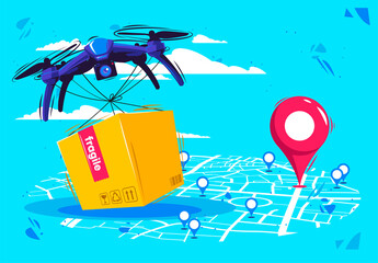 vector illustration of a delivery service by air, delivery of goods and boxes by air using flying drones, with a city map and geolocation tags