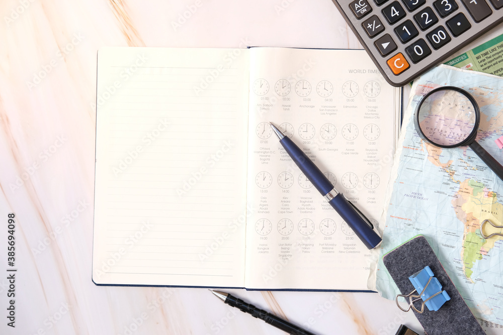 Poster notebook paper on white table background and space for text