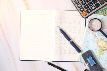 Notebook paper on white table background and space for text