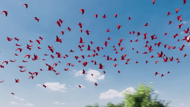Low-angle shot of a large group of flying scarlet ibises, Eudocimus ruber on blue sky background