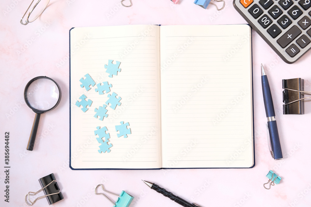 Poster notebook paper on white table background and space for text
