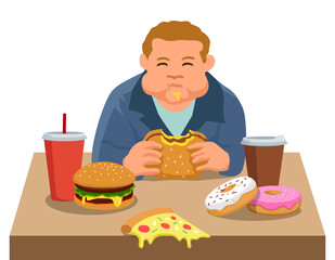 Fat boy eating junk food. Unhealthy food vector illustration