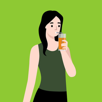 The girl is drinking healthy juice. Sports girl. Healthy Lifestyle. Flat design. Vector illustration.