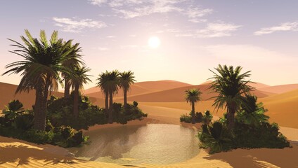 Oasis in the sand desert, lake in the sands with palm trees on the shore, reservoir in the desert with palm trees, 3D rendering