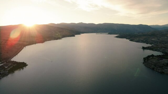 Amazing Sunset Aerial View Over Lake Chelan in Eastern Washington