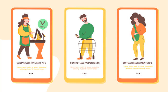 NFC - Contactless payment, flat onboarding mobile app page screen template.. Payment from smartphone, paypass technology.