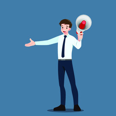 Businessman talking through a megaphone, making an announcement yelling to spread the words for attract people.