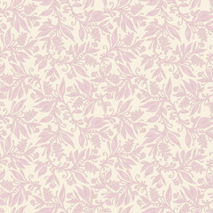 Floral seamless pattern with leaves and berries in cream and pink colors, hand-drawn and digitized. Design for wallpaper, textile, fabric, wrapping, background.