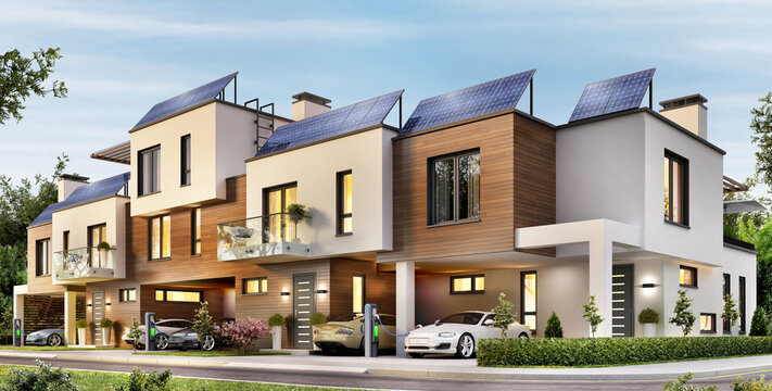 Modern townhouse with solar panels on the roof and electric cars
