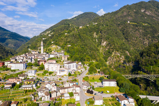 General view of picturesque Intragna village in green Swiss Alps in sunny summer day, canton of Ticino
