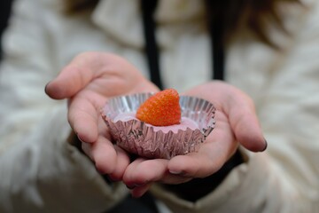 hands holding a strawberry cupcake.