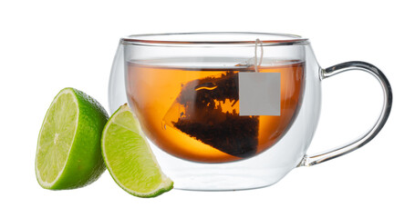 Glass cup of black tea with bergamot isolated on white