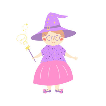 Cute old witch in purple hat with magic wand. Character for Halloween holiday, kids cards. Sorceress, Magician woman