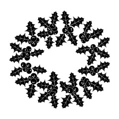 Christmas wreath. Black silhouette for paper cutting, home decoration, cards, congratulations. Xmas holly frame. Holly leaves and berries border. Vector illustration isolated on white background.