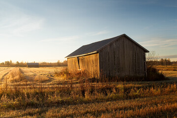 Fototapeta na wymiar Barn Houses In The Autumn Sunrise