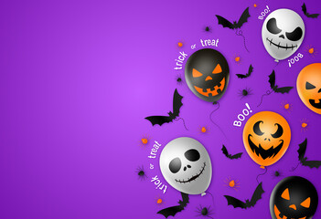Halloween party  banner ,scary balloons, bat,spider, spider web ,isolated  on purple  background, text boo, trick or treat  ,  add text ,sale banner template ,website, poster, vector illustration