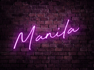 A purple neon sign on a brick background, with the word Manila - capital of the Philippines. City...