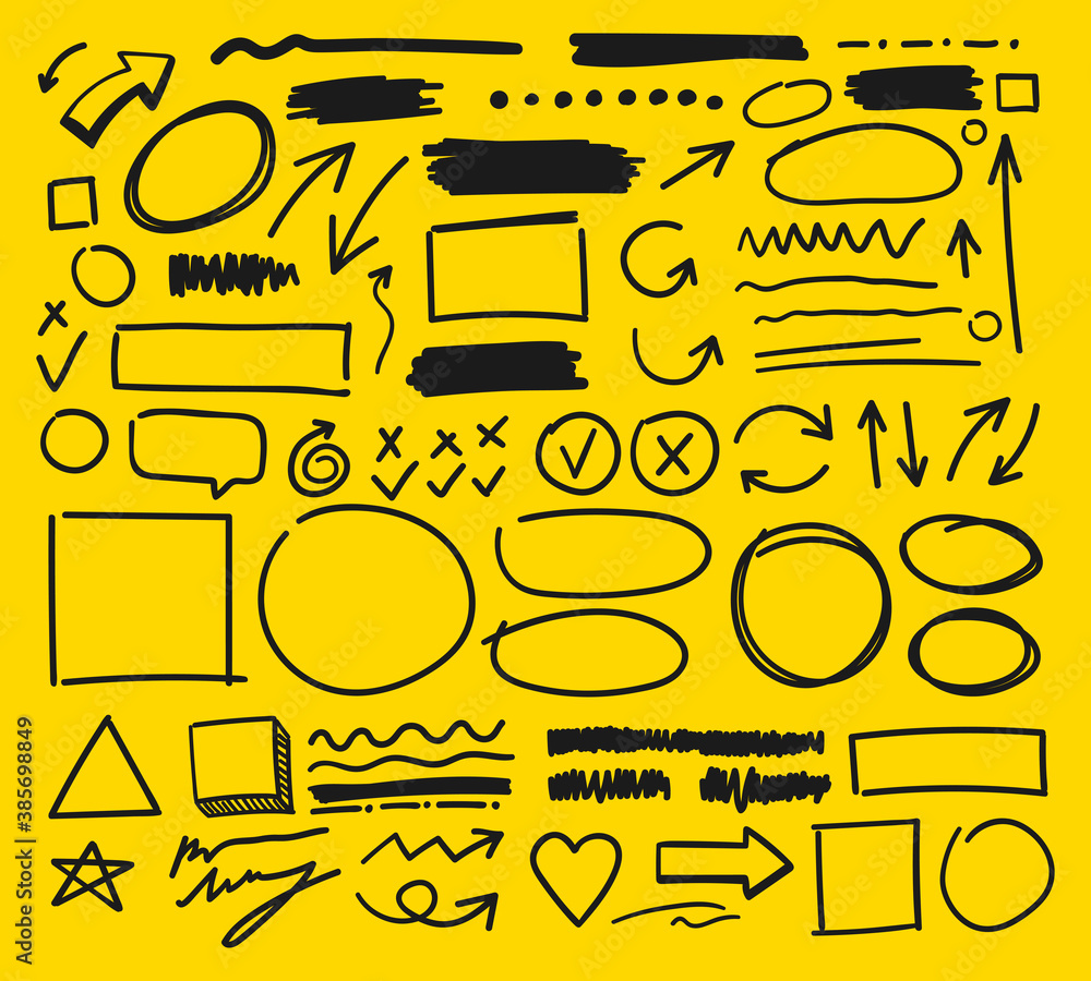 Poster set curve lines, pointers and geometrics doodles. vector flat illustrations. doodle borders.