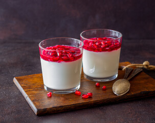 Italian dessert panna cotta with pomegranate. Vegetarian food. Healthy eating. Recipe.