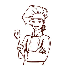 Woman dressed as a chef. Pretty smiling girl in a cook suit and hat. Hand drawn vintage drawing, Ink sketch. Stock vector illustration.