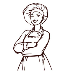 Woman dressed as a chef. Pretty smiling girl in a cook suit and hat. Hand drawn vintage drawing, Ink sketch. Stock vector illustration.