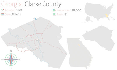 Large and detailed map of Clarke county in Georgia, USA.