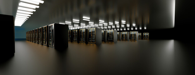 Server room data center. Backup, mining, hosting, mainframe, farm and computer rack with storage information. 3d render