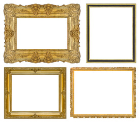 Set of golden frames for paintings, mirrors or photo isolated on white background