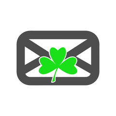 E-mail letter with Clover Icon. Tree-leaves traditional symbol of good luck. Concept of positive news. Illustration in green, grey colors