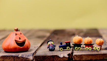 Halloween decoration. Trick or treat in autumn and fall season. Pumpkin face and scary symbol on...