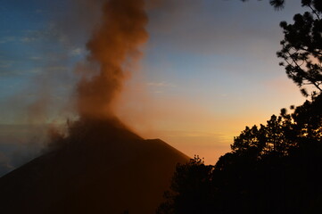 Camping with a view to a volcano eruption on Fuego and the active Volcan Acatenango in Guatemala
