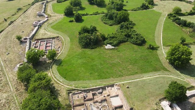 Aerial view of ruins of ancient Roman city Nicopolis ad Nestum near town of Garmen, Blagoevgrad Region, Bulgaria