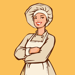 Woman dressed as a chef. Pretty smiling girl in a cook suit and hat. Hand drawn vintage drawing, stock vector illustration.