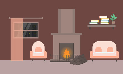 Cozy living room interior with an armchair, a sofa by the fireplace. Flat cartoon style, design template