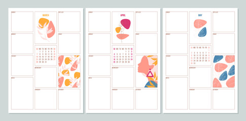 Vector weekly planners with abstract floral design and with the calendar (March, April, May)