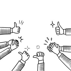 Hand Drawn sketch style of Human hands clapping ovation. applause, thumbs up gesture on doodle style. vector illustration. - 385703266